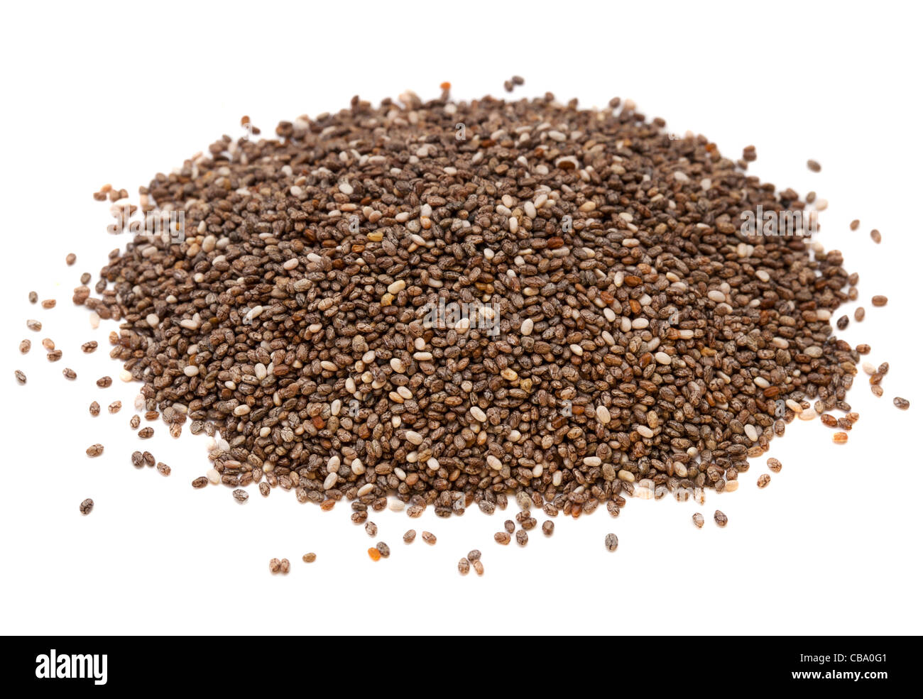 organic chia seeds rich in omega3 fatty acids, side view on white