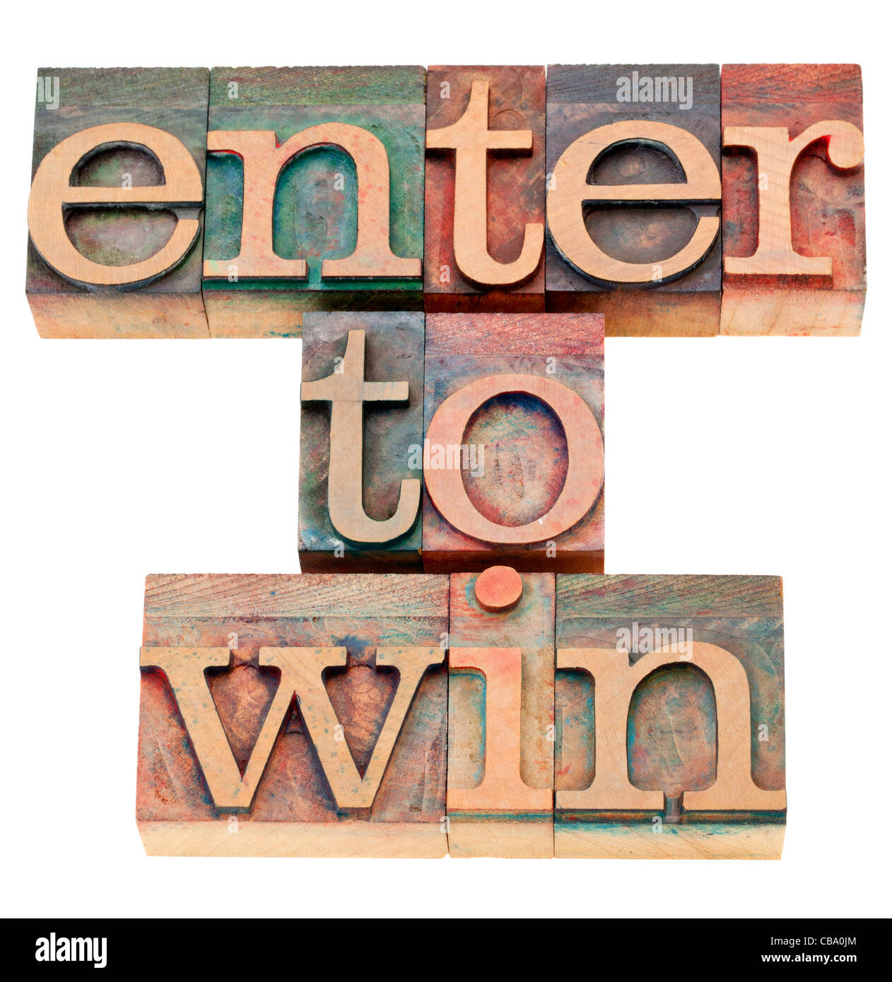 enter to win - isolated text in vintage wood letterpress printing blocks Stock Photo