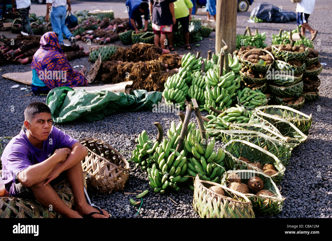 Western Samoa, Apia Farmers Market, farmer selling banana and coconut