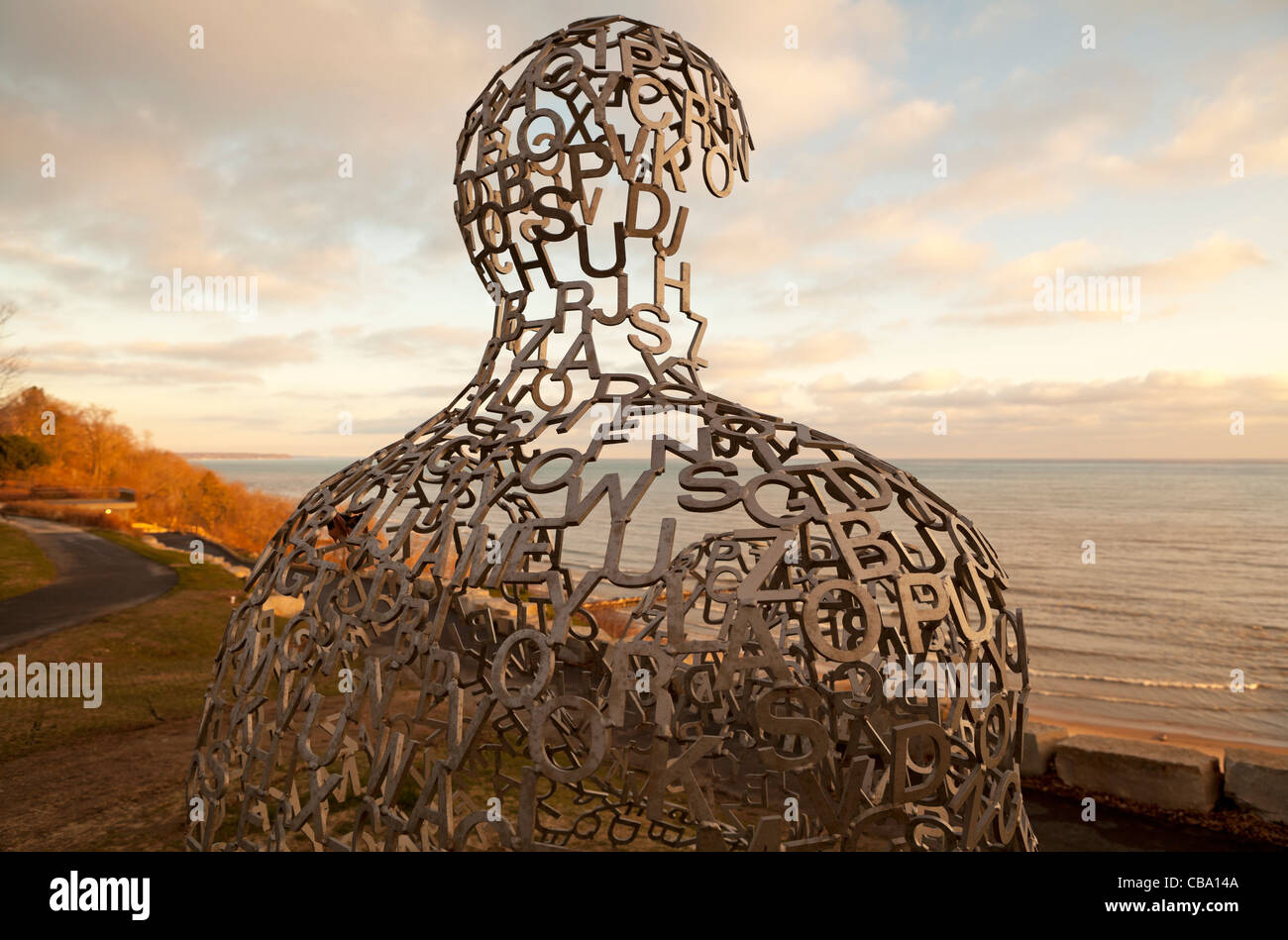 Spillover ll by Jaume Plensa sits on a bluff overlooking Lake Michigan in Shorewood, Wisconsin. Stock Photo