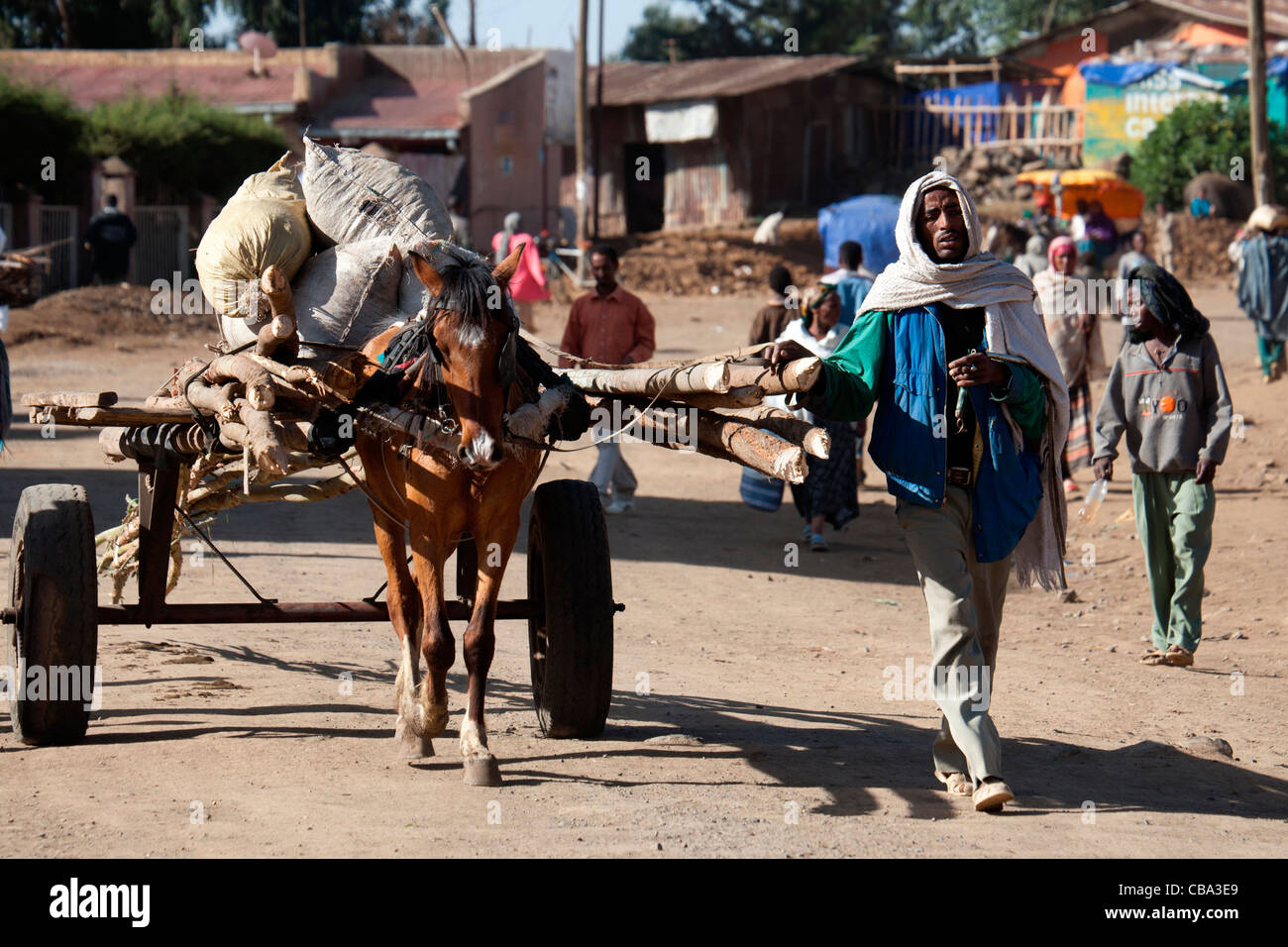 Typical street scene at the town of Debark on the edge of the Simien Mountain National Park in Northern Ethiopia, Africa. Stock Photo