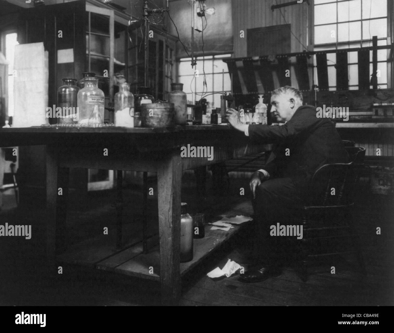 Vintage photo of American inventor and businessman Thomas Alva Edison (1847 – 1931). Edison is pictured in his laboratory circa 1904. Stock Photo