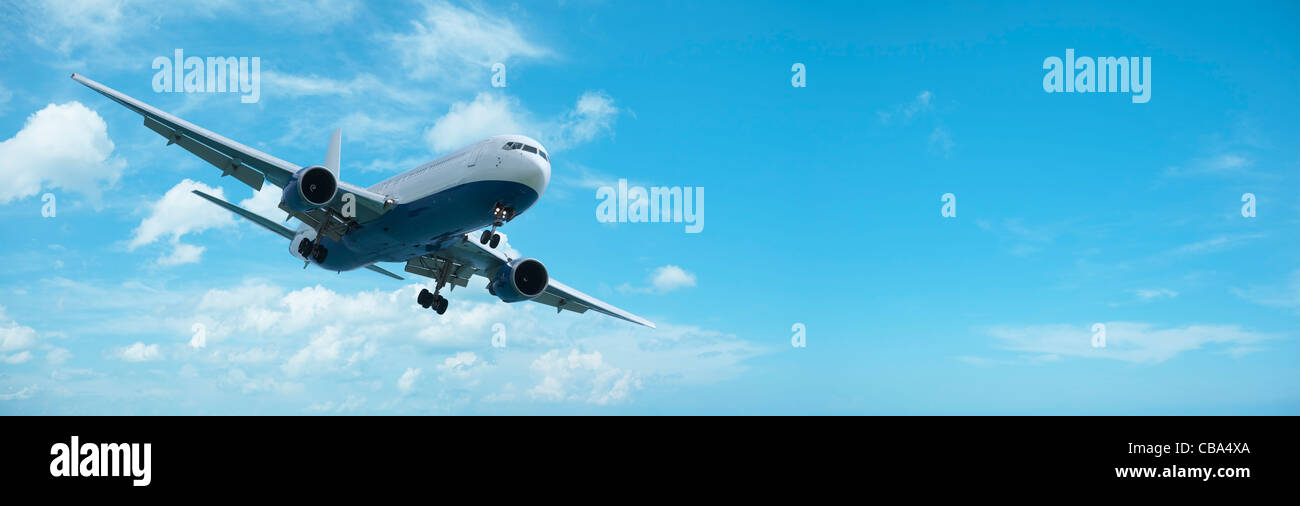 Jet aircraft is maneuvering for landing. Panoramic composition with a lot of copy space.  Stock Photo