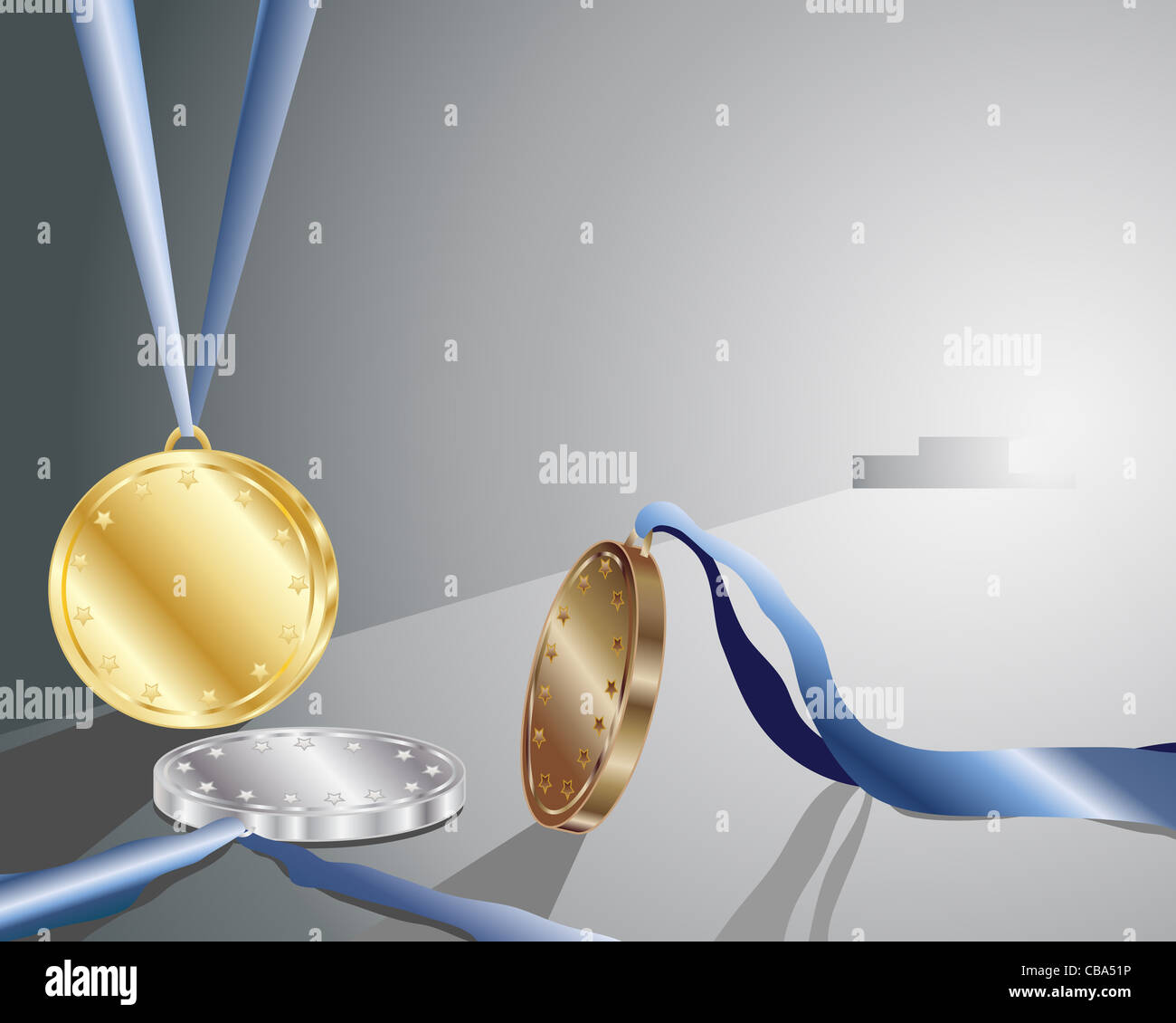 an illustration of gold silver and bronze winners medals in front of a podium backlit in gray light Stock Photo