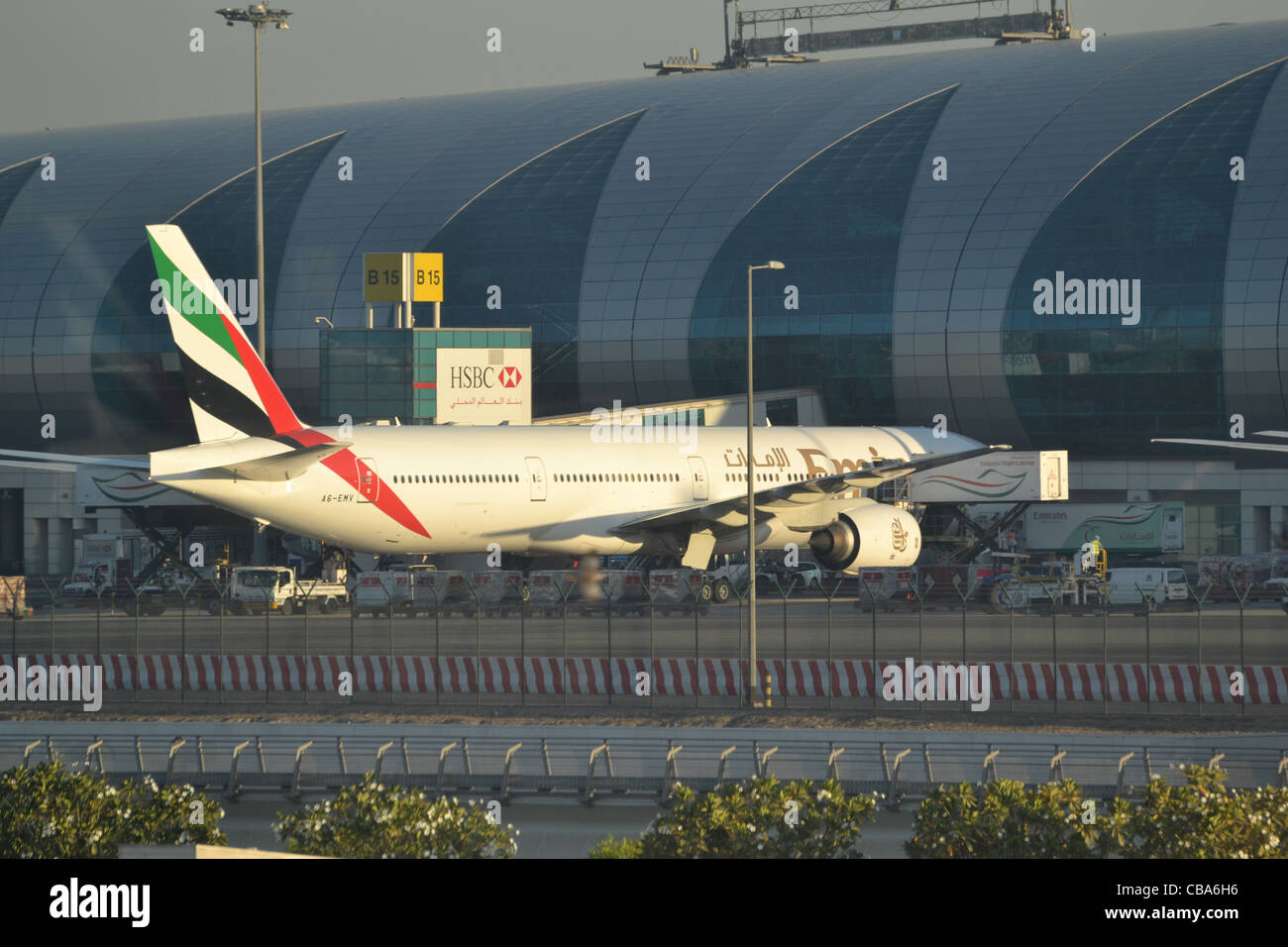 Emirates aircraft parked at Dubai International Airport, UAE Stock Photo