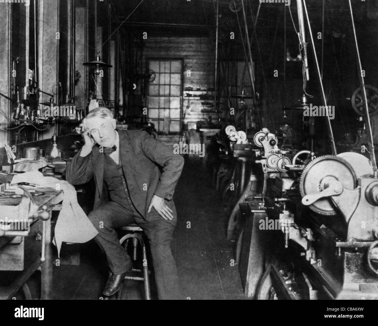 Vintage photo of American inventor and businessman Thomas Alva Edison (1847 – 1931). Edison is pictured in his plant / workshop circa 1905. Stock Photo