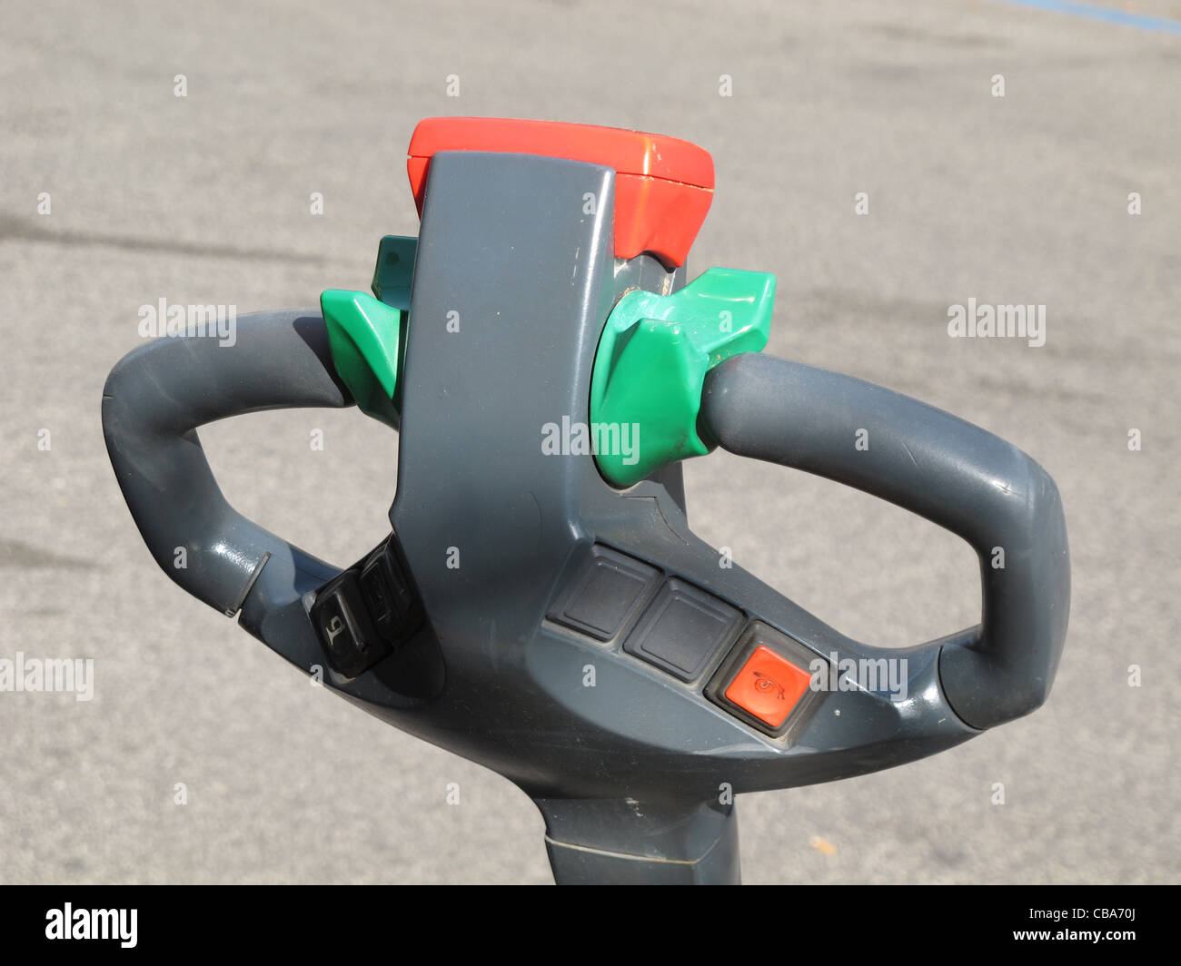 controls of industrial pallet truck outside supermarket Stock Photo Alamy