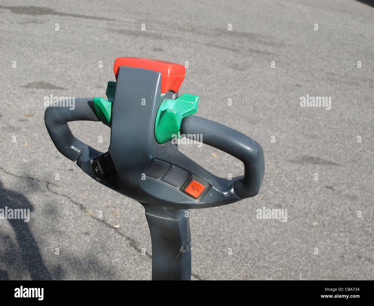 controls of industrial pallet truck outside supermarket Stock Photo Alamy
