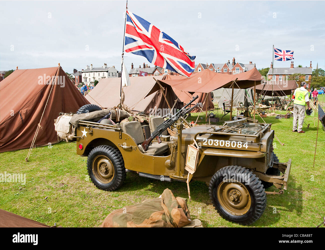 Restored and preserved WWII-vintage Willys Jeep with mounted Bren gun at a display on Lytham Green, Lytham St Annes, Lancashire Stock Photo