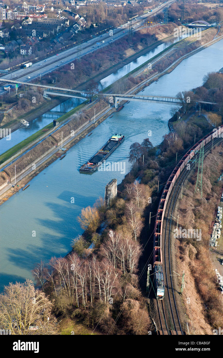 River Rhine along with train and motorway transport links near Bochum in the Ruhr area of North Rhine-Westphalia, Germany Stock Photo