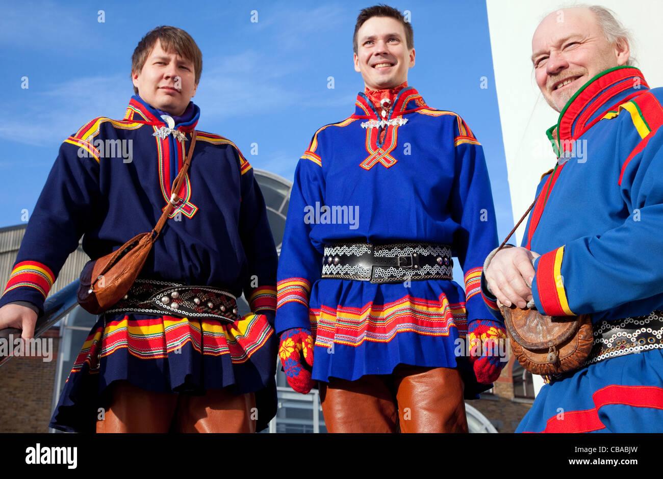 Indigenous Saami men from Sweden wearing traditional costume, London Stock Photo