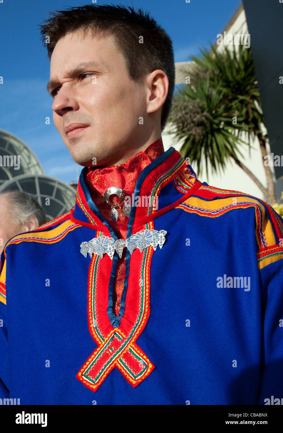 Indigenous Saami man from Sweden wearing traditional costume, London Stock Photo