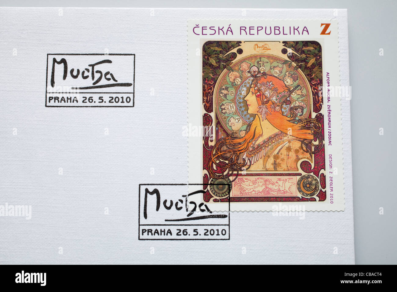 Czech Z (Overseas) denomination postage stamp with Zodiac motive by painter Alfons Mucha (1860-1939). (CTK Photo/Martin Sterba) Stock Photo