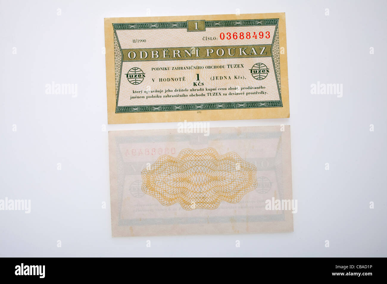A Tuzex voucher in 1 crown denomination. Tuzex vouchers called 'bony' were valid for shoping in Tuzex store which were the only Stock Photo