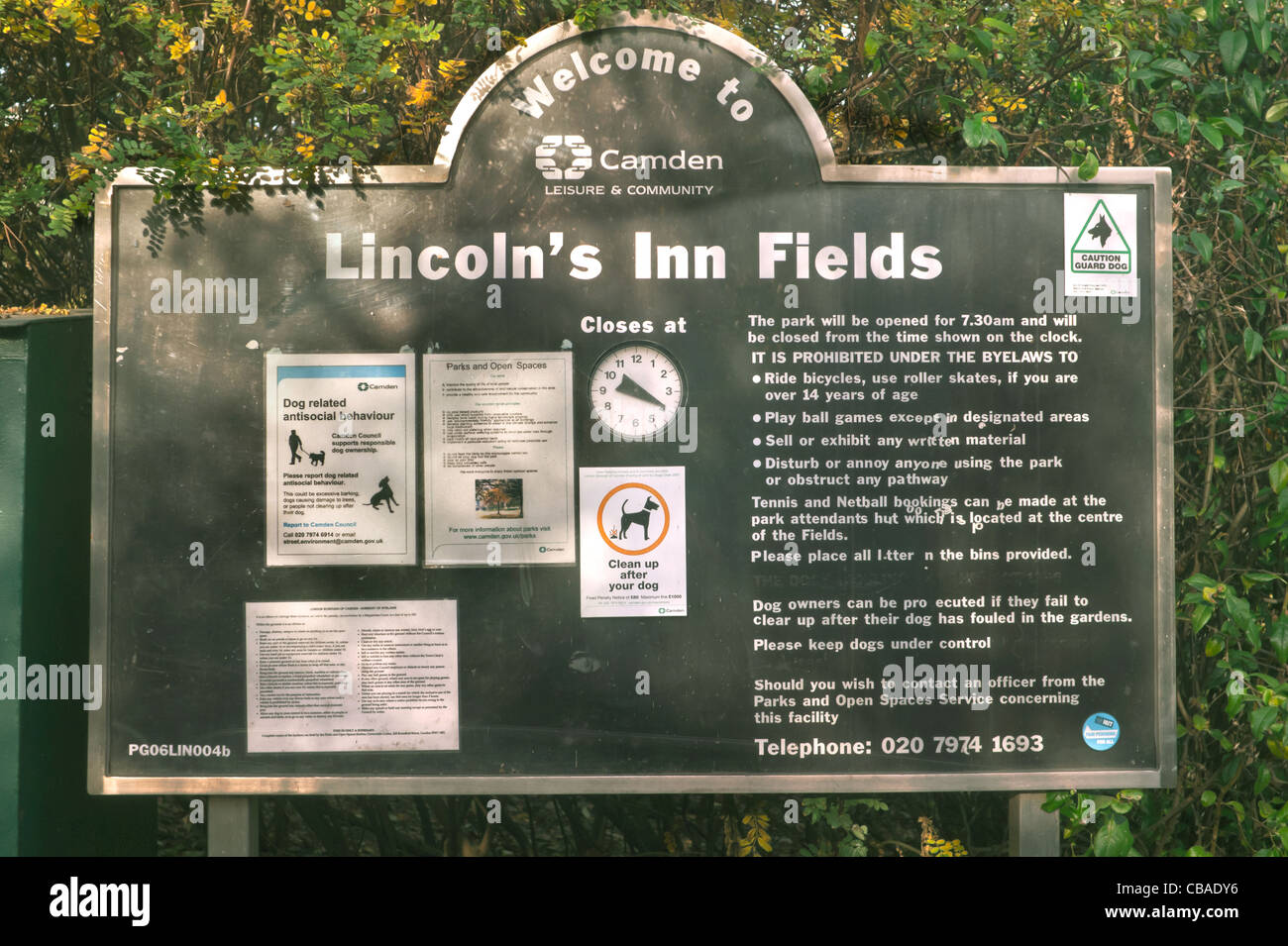 The sign at the entrance to Lincoln's Inn fields in Holborn (one of many park squares in central London )  England UK. Stock Photo