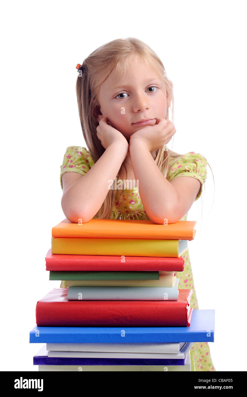 little girl with stack of books. isolated on white background Stock ...