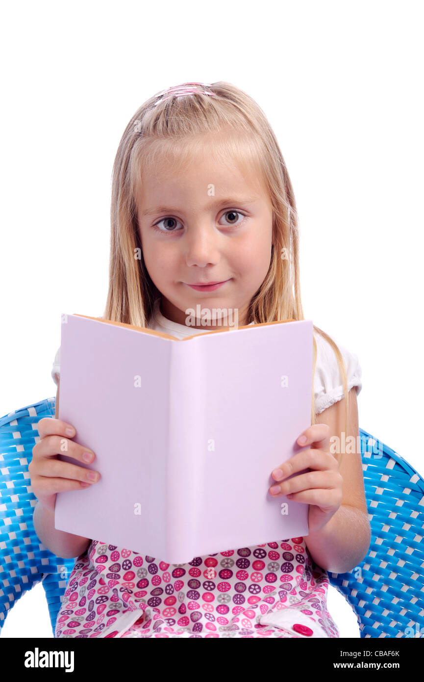 little girl reading a book. isolated on white background Stock Photo ...