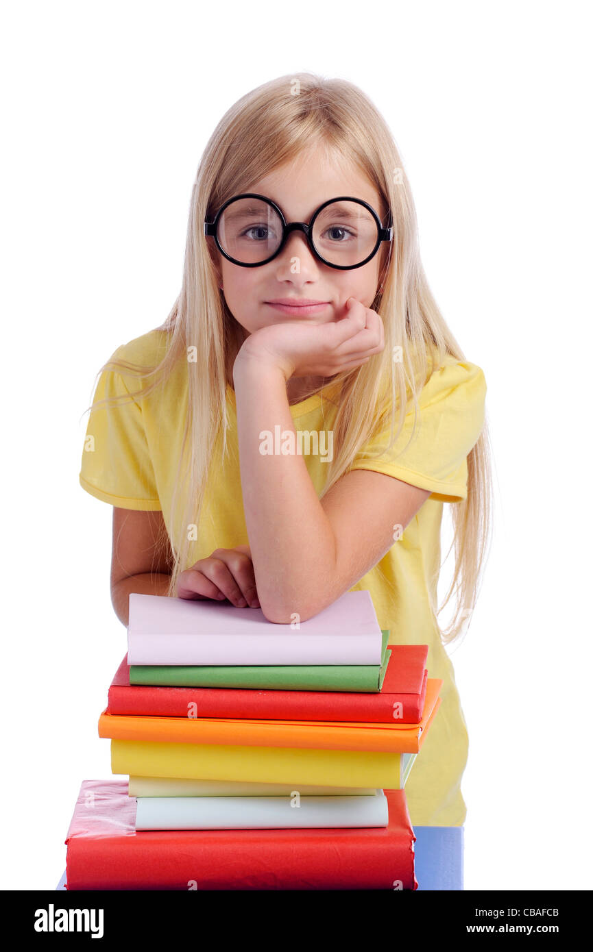 girl with funny glasses and stack of books. isolated on white background Stock Photo