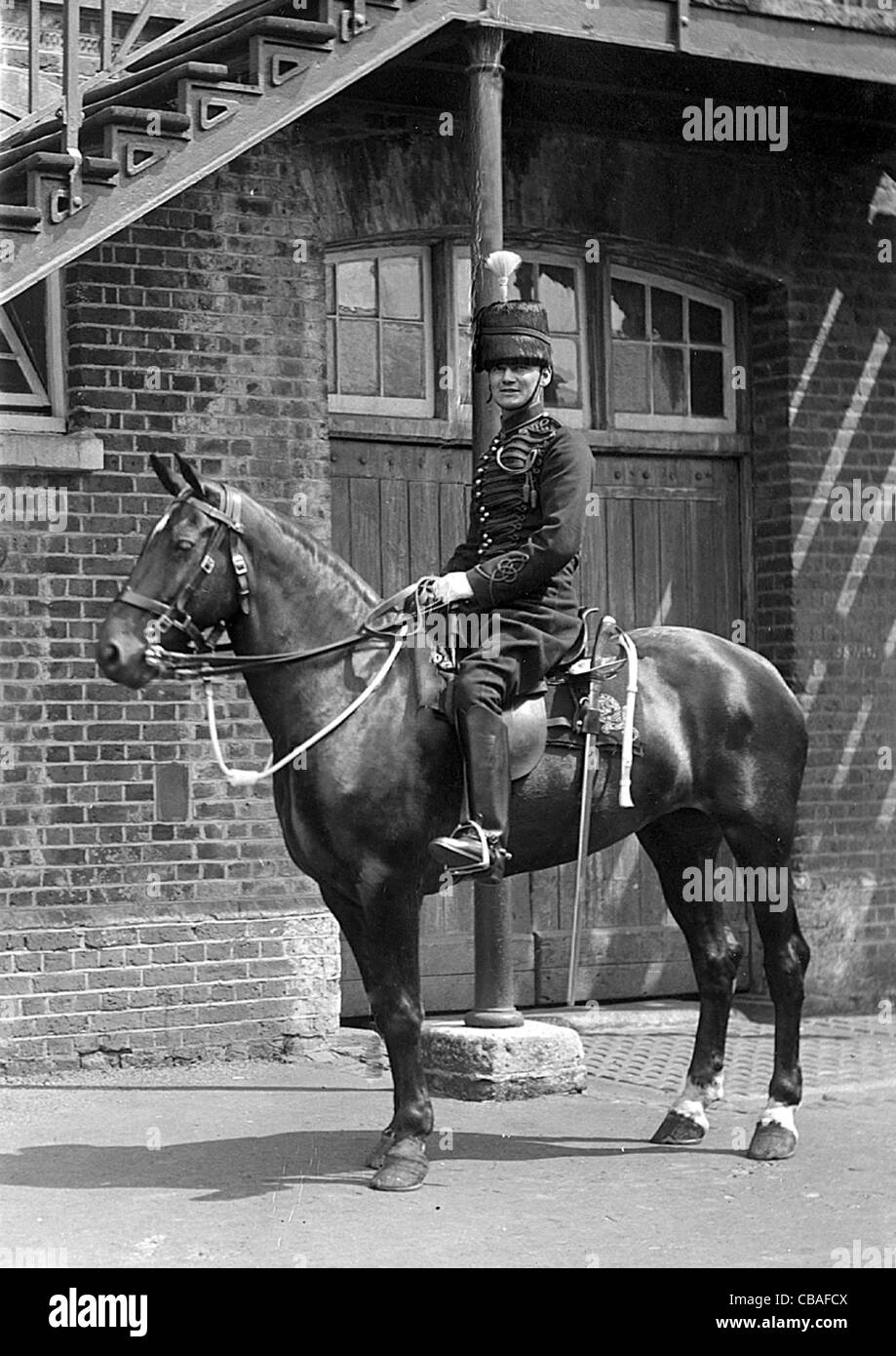 A Grreat War British cavalryman Hussar, mounted with sword. Stock Photo