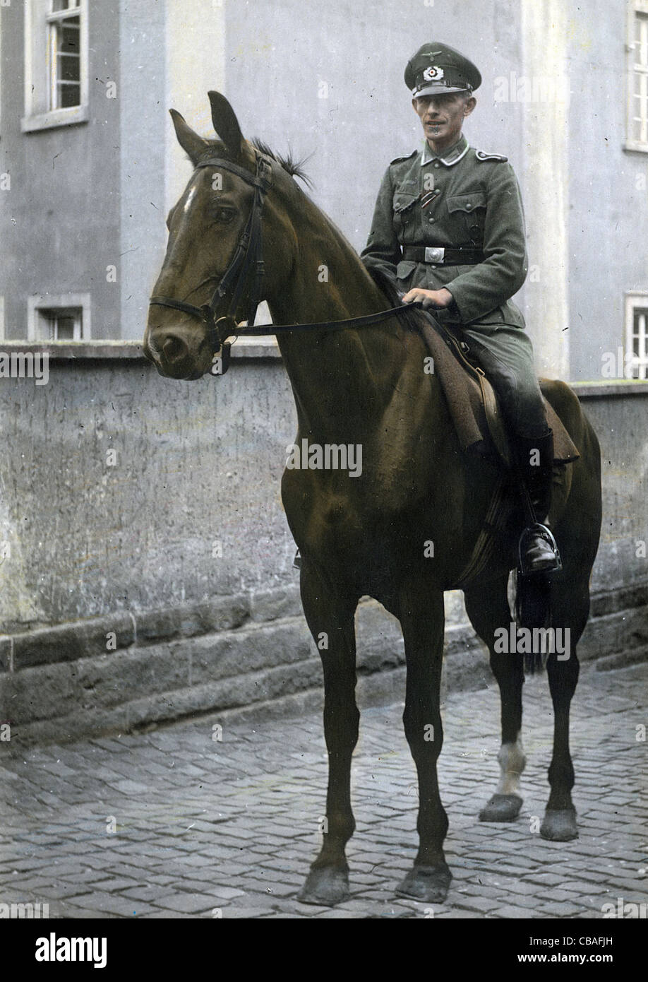 A German mounted officer of WW11. Color tinted image. Stock Photo