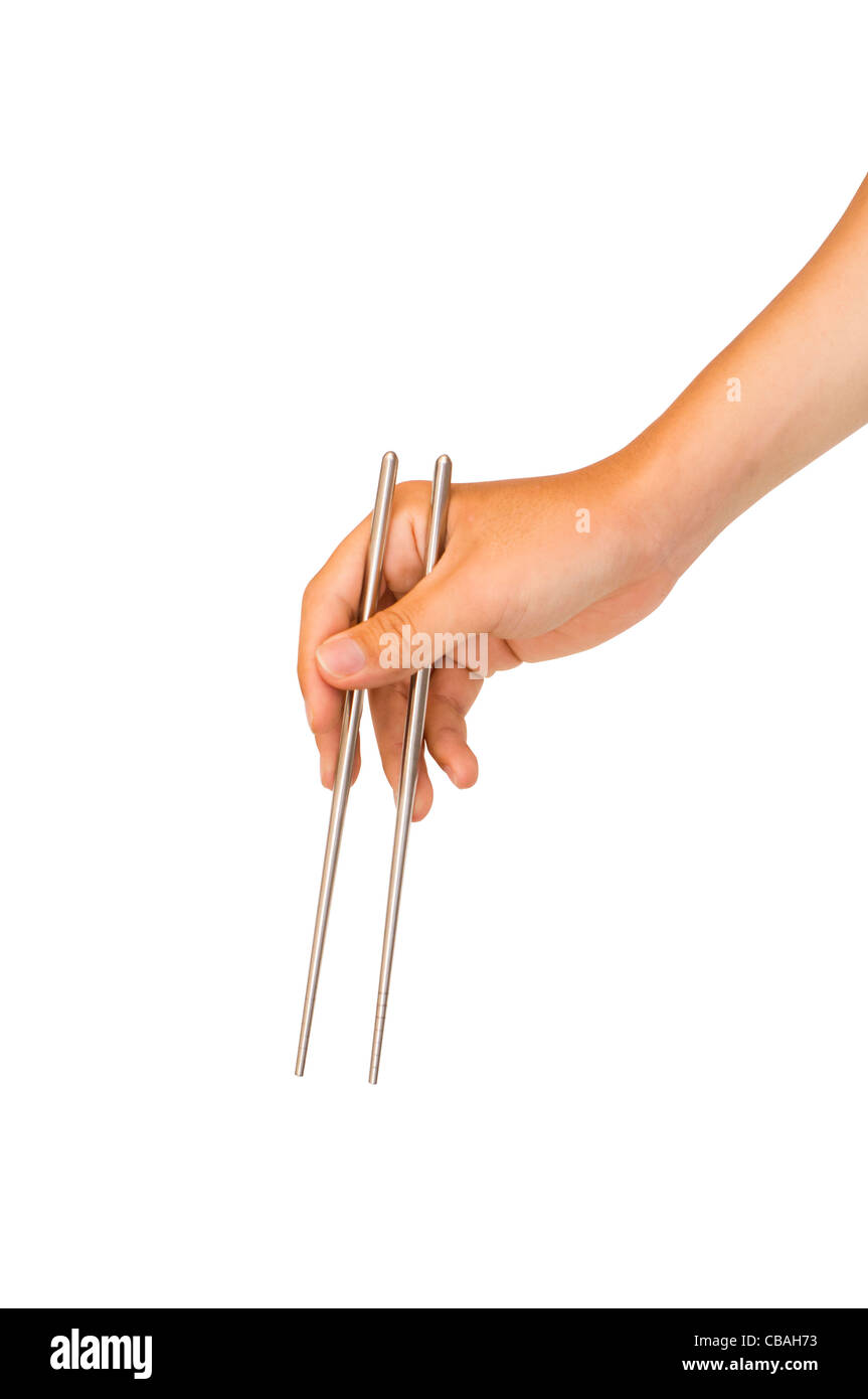 isolated man hand holding chopstick, with clipping path in jpg. Stock Photo