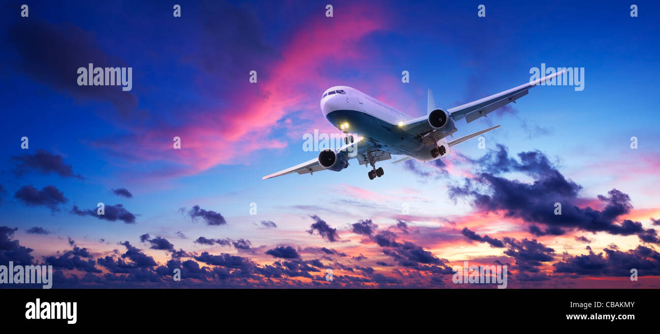 Jet aircraft cruising in a sunset sky. Panoramic shot. Stock Photo