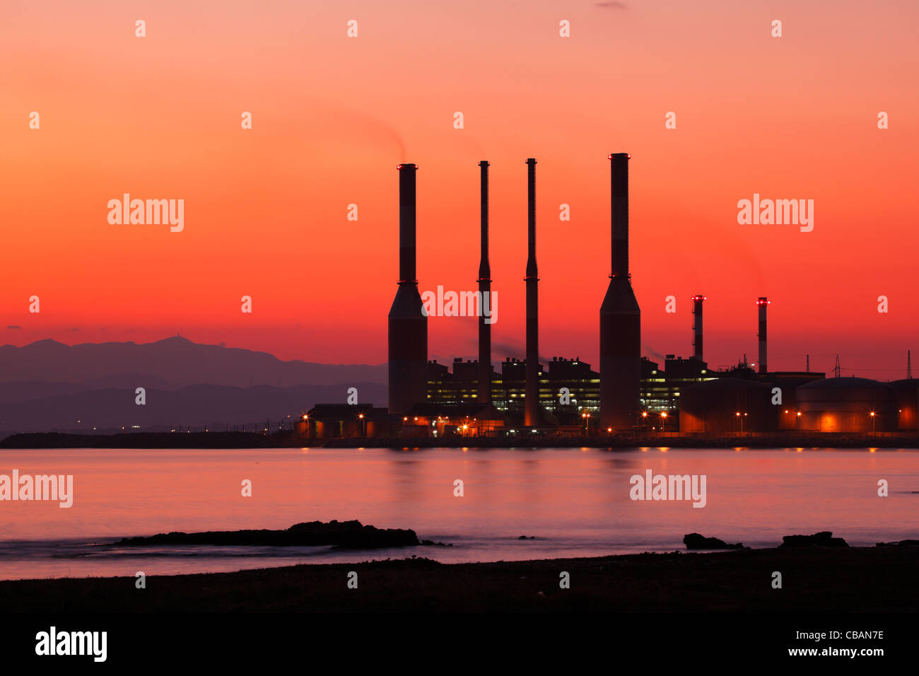 Sunset over Larnaca, Cyprus, with the Dhekelia power Station lit up in front Stock Photo