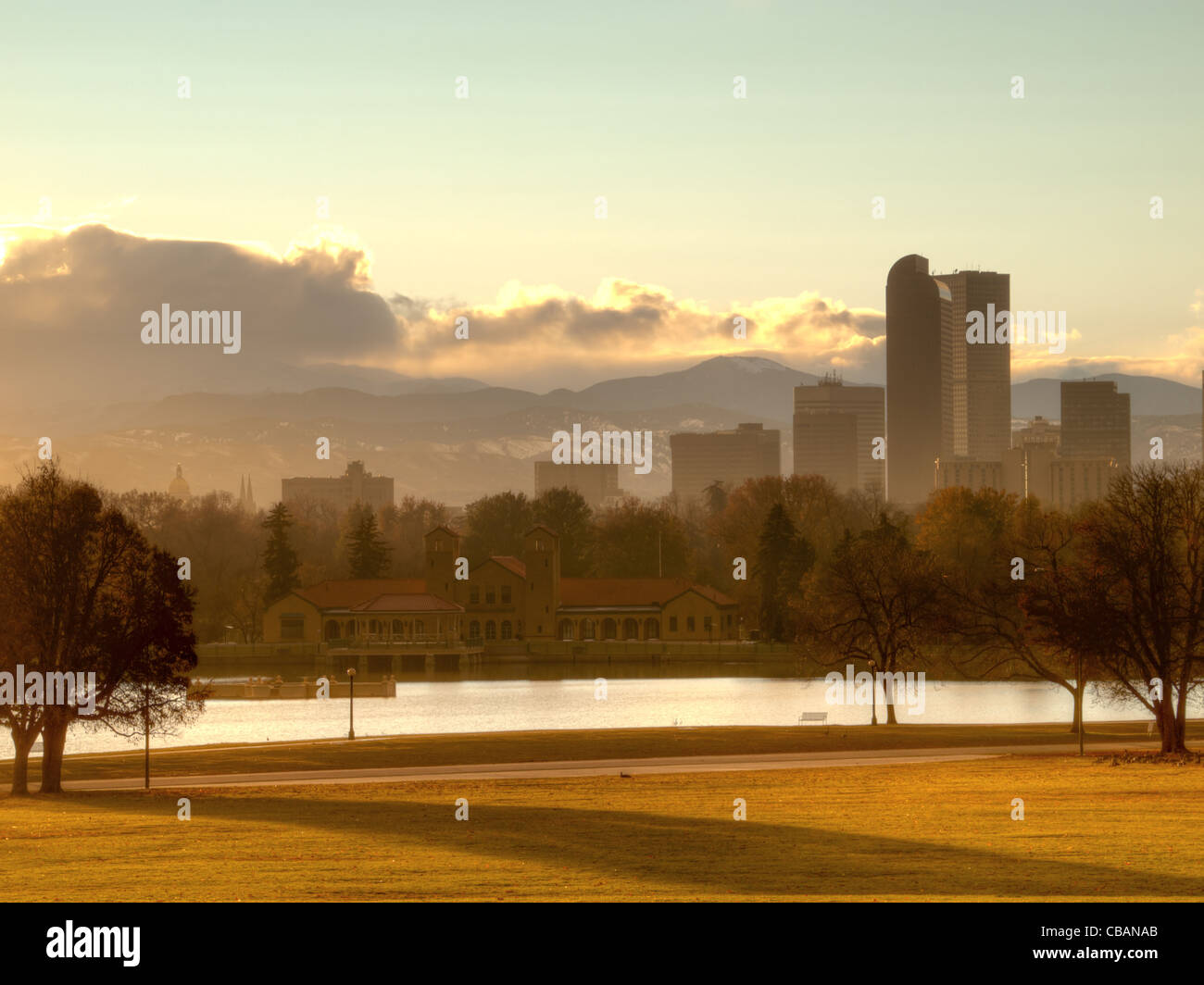 A view of Denver, Colorado downtown right before sunset. Stock Photo