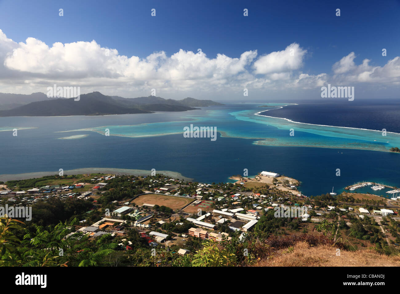 Raiatea and Tahaa Lagoon in French Polynesia from above. . Stock Photo