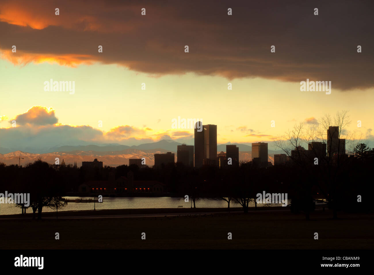 A view of Denver, Colorado downtown right before sunset. Stock Photo