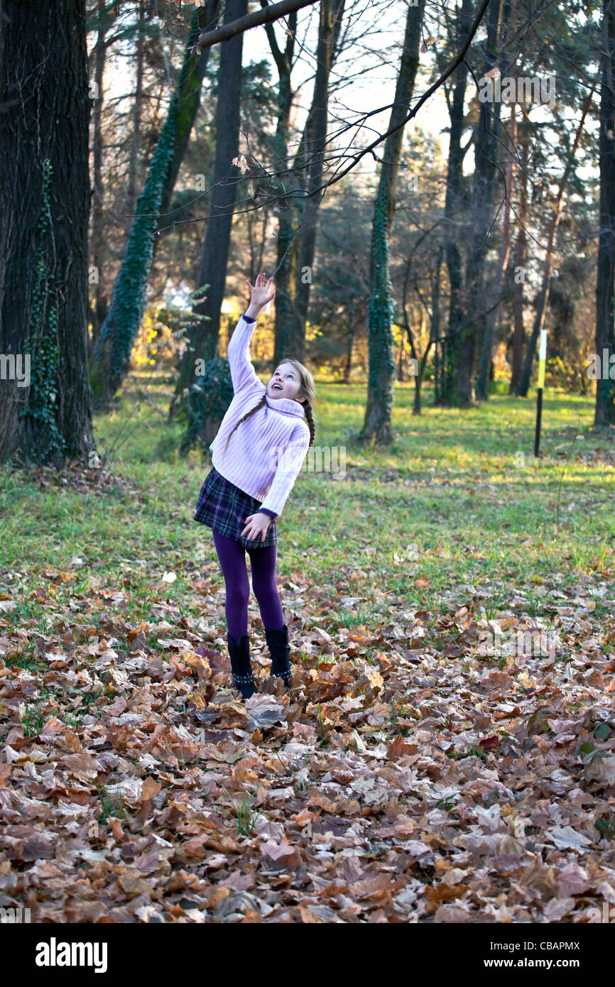 Girl playing in the woods and jumps up to a tree branch Stock Photo