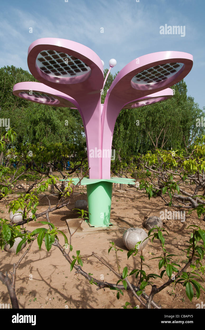 A solar powered sculpture in the garden of the Solar Valley Micro-E Hotel, world's largest solar powered hotel. China Solar Valley, Dezhou, Shandong, Stock Photo