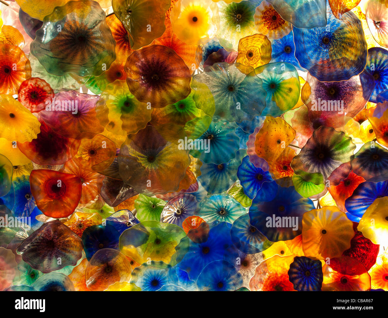 The spectacular glass ceiling art by Dale Chihuly in the lobby of the