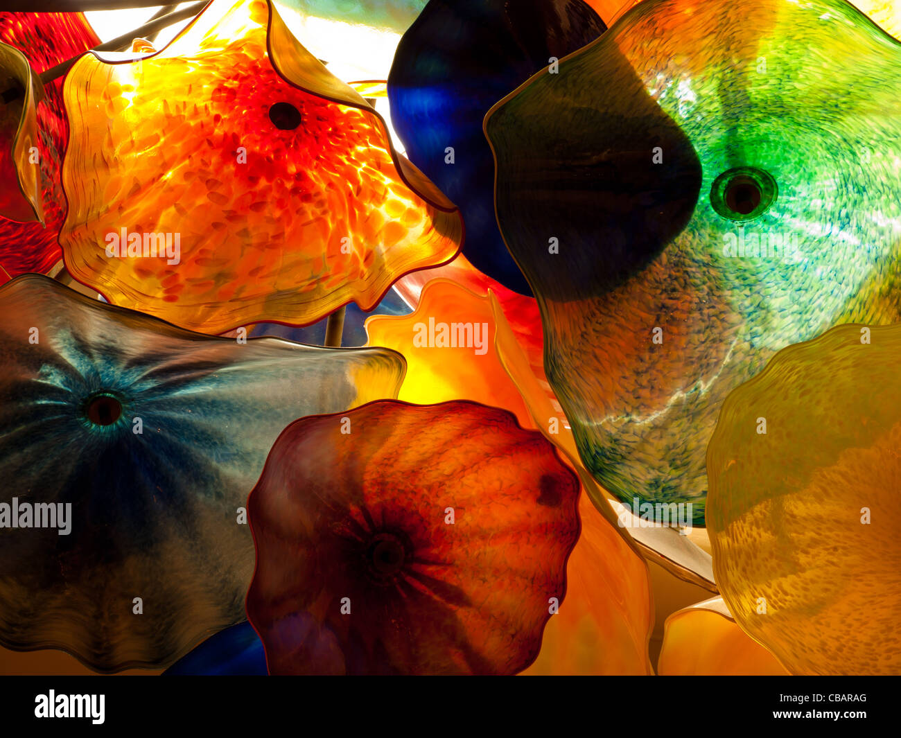 The spectacular glass ceiling art by Dale Chihuly in the lobby of the