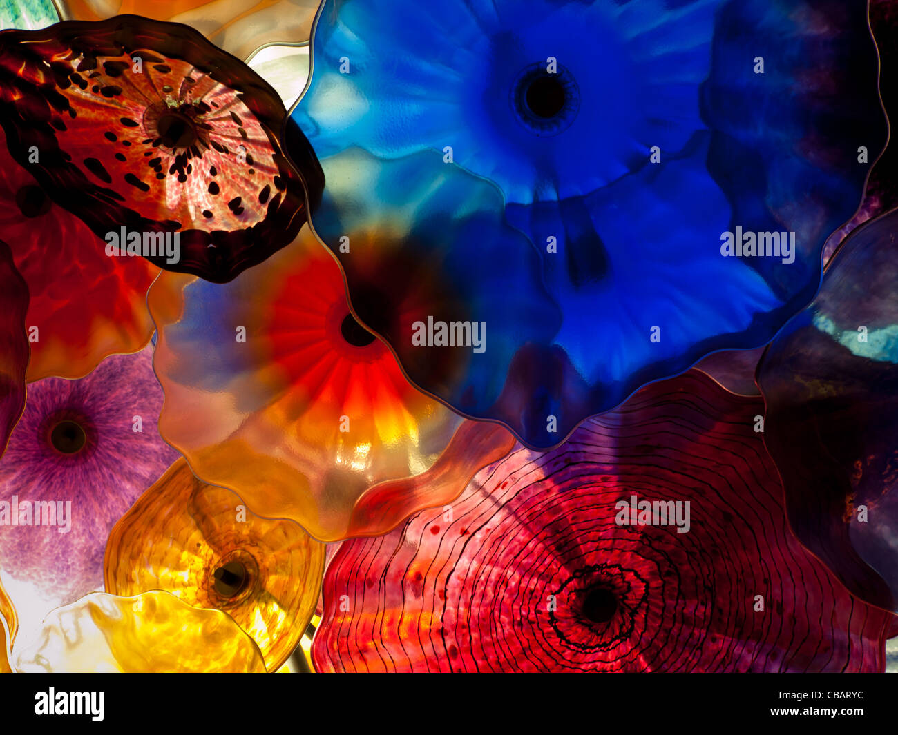 The spectacular glass ceiling art by Dale Chihuly in the lobby of the