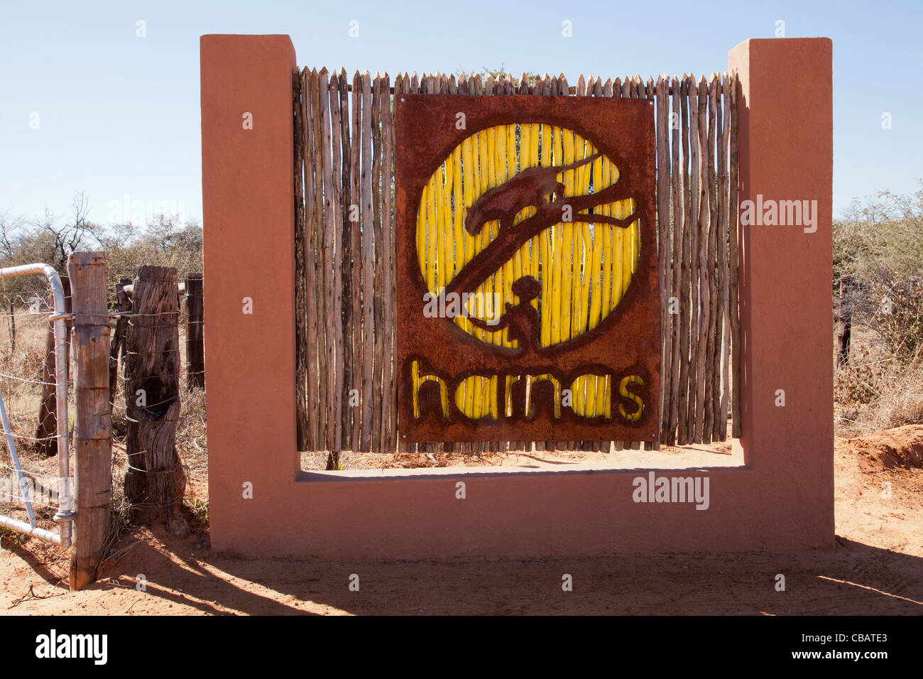 Africa, Namibia, Harnas, Harnas Wildlife Foundation and Guest Farm. Entrance sign sporting the Harnas logo Stock Photo