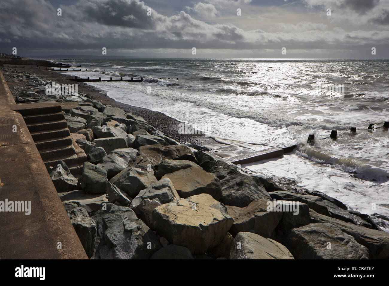Sea defences on Tywyn beach Stock Photo