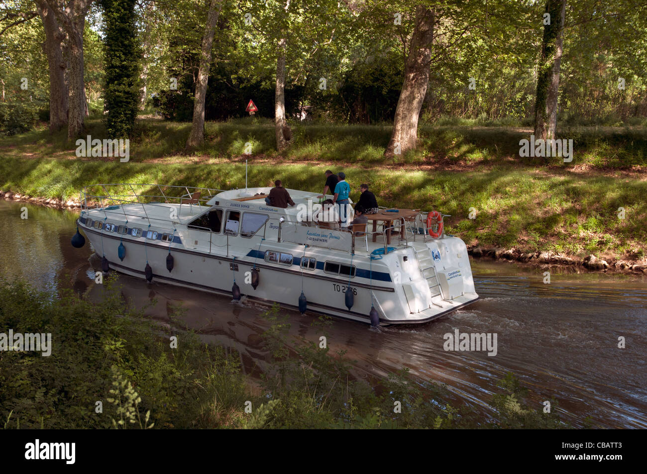 Boat on the Canal Du Midi near Beziers in Languedoc-Roussillon France Stock Photo
