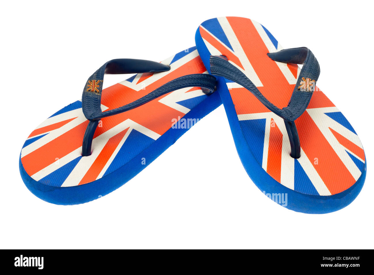 UK Union Jack patterned flip-flops taken in the studio with a white background Stock Photo