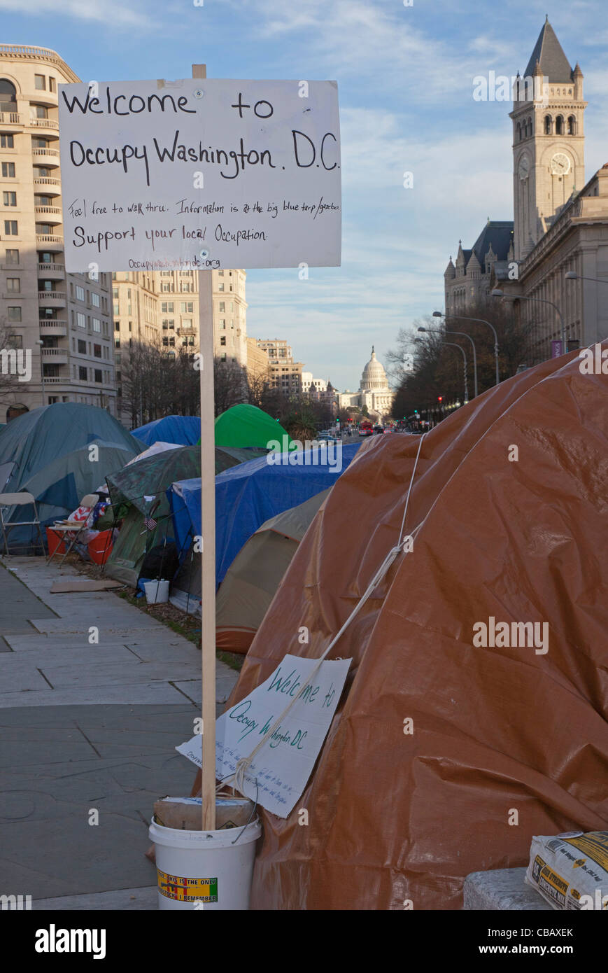 Washington, DC - The Occupy Washington DC camp on Freedom Plaza, just up the street from the U.S. Capitol. Stock Photo
