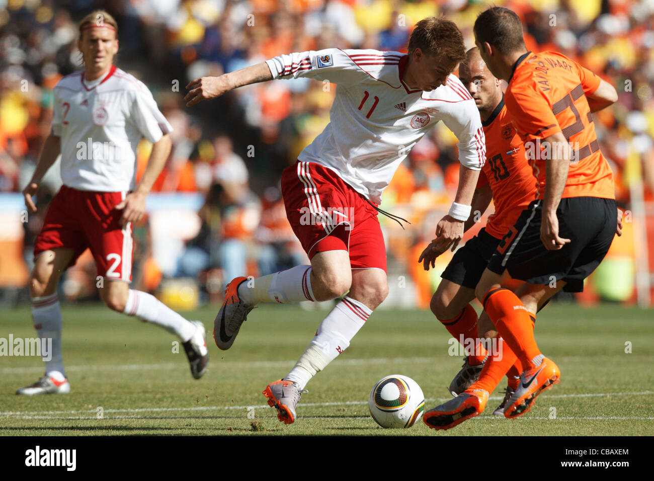 Nicklas Bendtner of Denmark (11) in action against the Netherlands during a 2010 FIFA World Cup match. Stock Photo