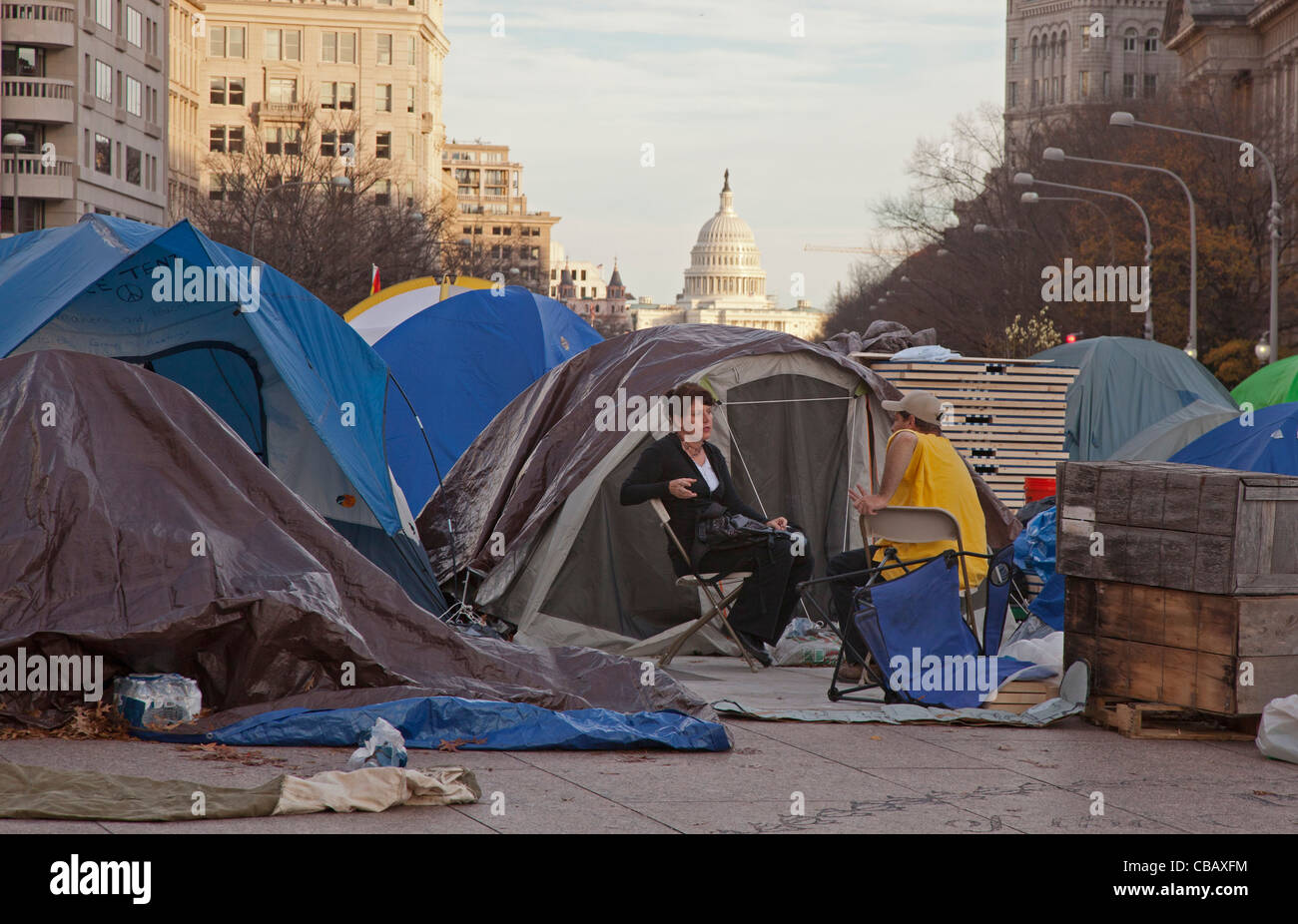 Washington, DC - The Occupy Washington DC camp on Freedom Plaza, just up the street from the U.S. Capitol. Stock Photo