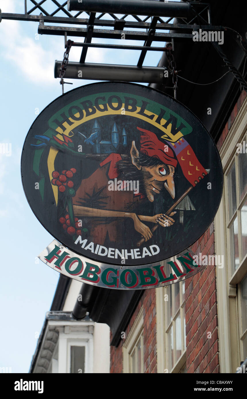Pub sign above the Hobgoblin public house in Maidenhead, Berkshire, UK. Stock Photo
