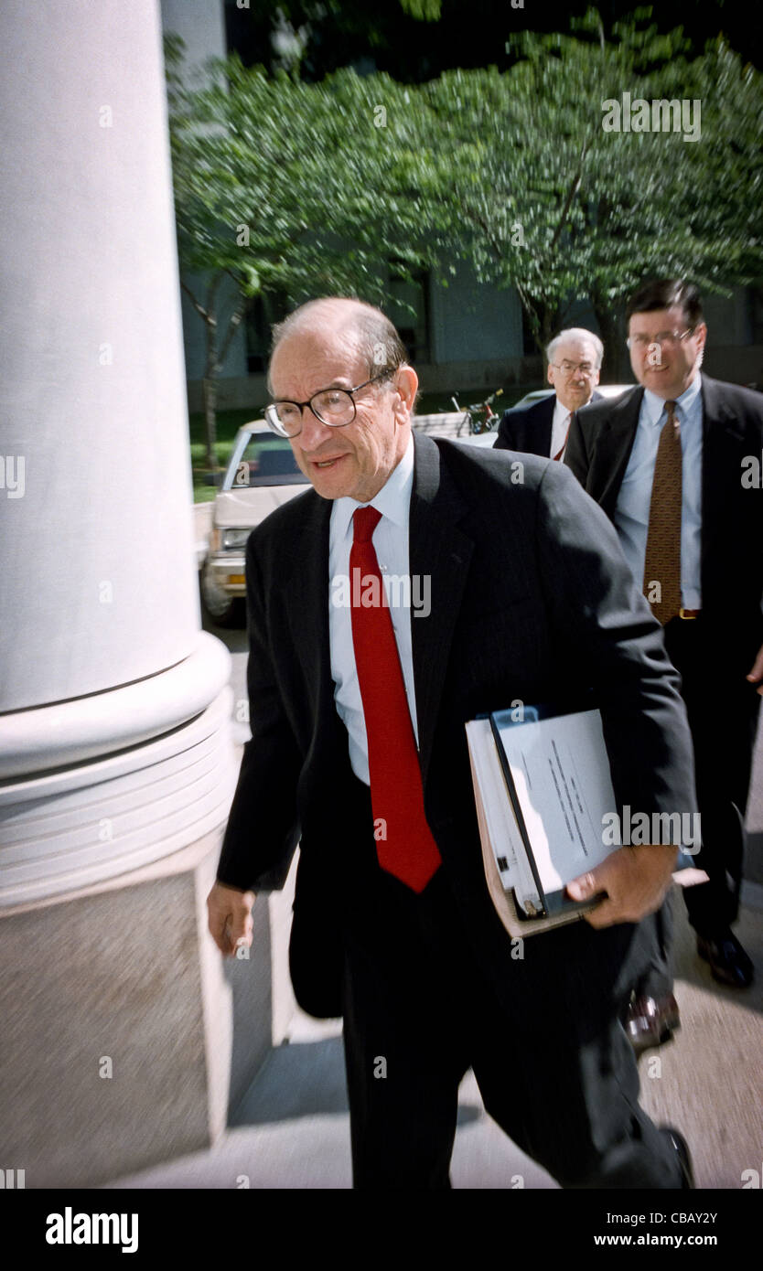 Alan Greenspan enters walking banking economy economic business finance financial hearing Congress America US USA Washington DC day outside half-length political politics politicians vertical Stock Photo