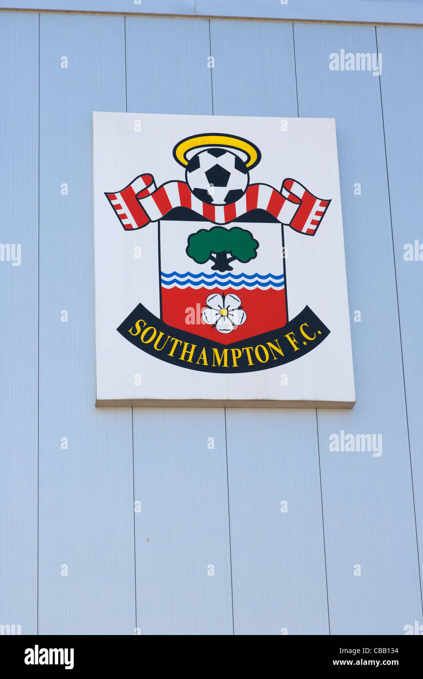 Crest of Southampton Football Club on St Mary's Stadium, Britannia Road, Southampton, Hampshire, England, UK Stock Photo