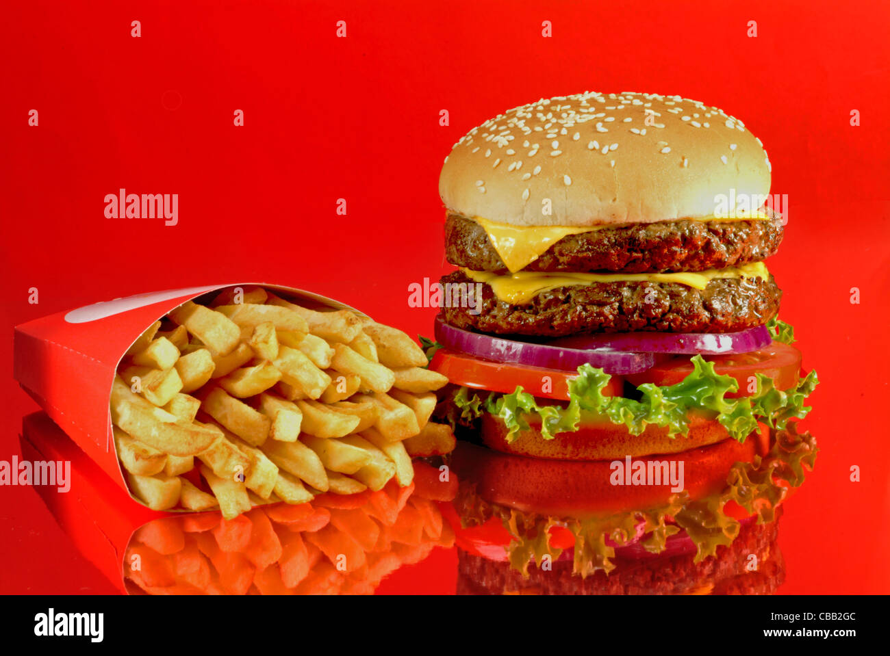 Hamburger, french fries Stock Photo
