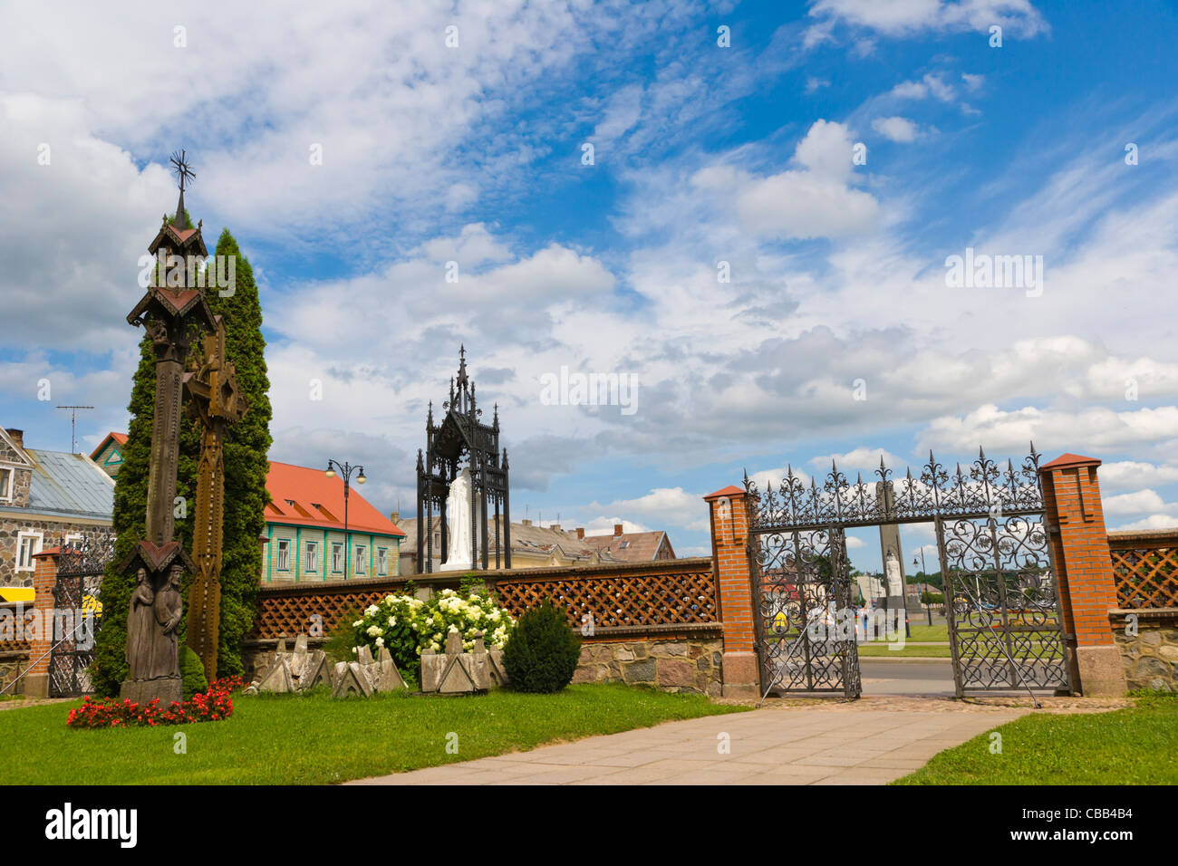 Gates, Church of St Evangelist Matas, Nepriklausomybes aiksteje, Independence Square, Rokiskis, Panevezys County, Lithuania Stock Photo