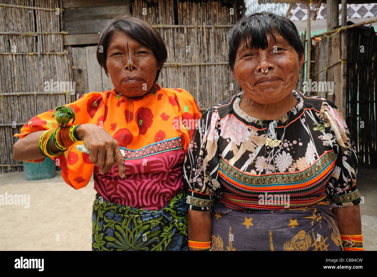 Guna indian women smiling with green parrot at Corbisky island in the Guna Yala, Panama. Stock Photo
