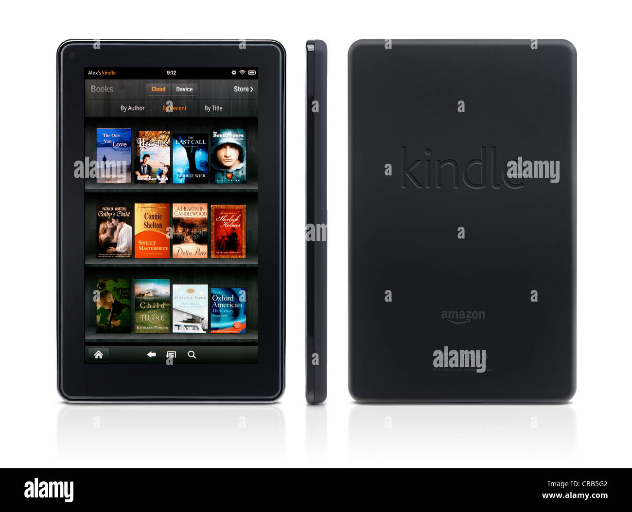 Amazon Kindle Fire tablet computer e-book reader front rear and side view isolated on white background Stock Photo