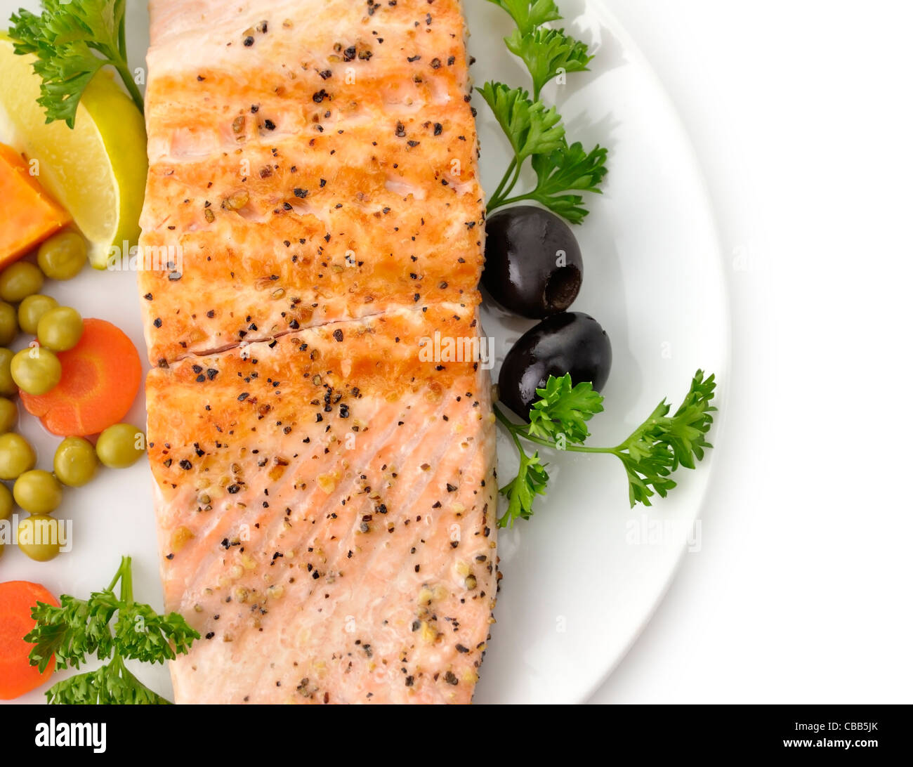 Grilled Salmon Fillet With Vegetables On White Background Stock Photo ...